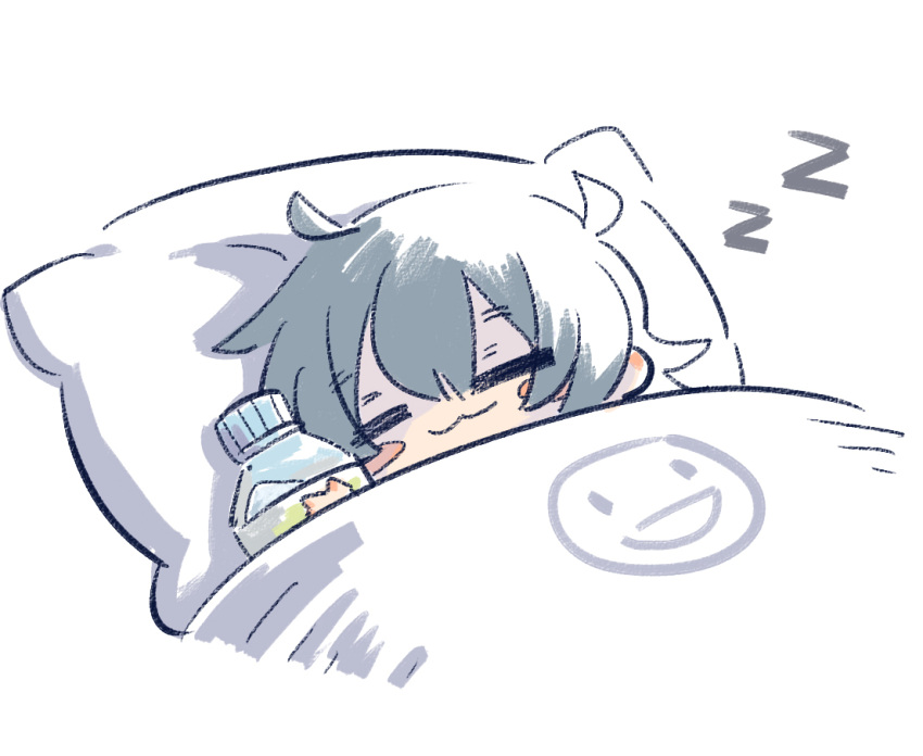 1girl :3 =_= ahoge blanket blush_stickers bottle chibi chinese_commentary closed_eyes closed_mouth commentary_request g11_(girls'_frontline) girls'_frontline grey_hair hair_between_eyes holding holding_bottle long_hair lying on_side pillow simple_background sleeping smile smiley_face solo su_xiao_jei under_covers white_background zzz