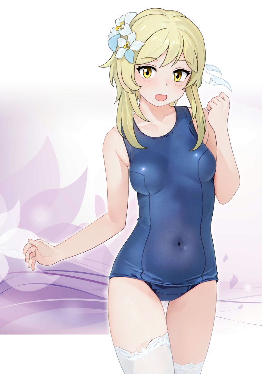 1girl blonde_hair blue_one-piece_swimsuit breasts covered_navel cowboy_shot flower genshin_impact hair_between_eyes hair_flower hair_ornament highres lumine_(genshin_impact) neopure old_school_swimsuit one-piece_swimsuit school_swimsuit short_hair short_hair_with_long_locks sidelocks small_breasts solo standing swimsuit thighhighs white_thighhighs yellow_eyes