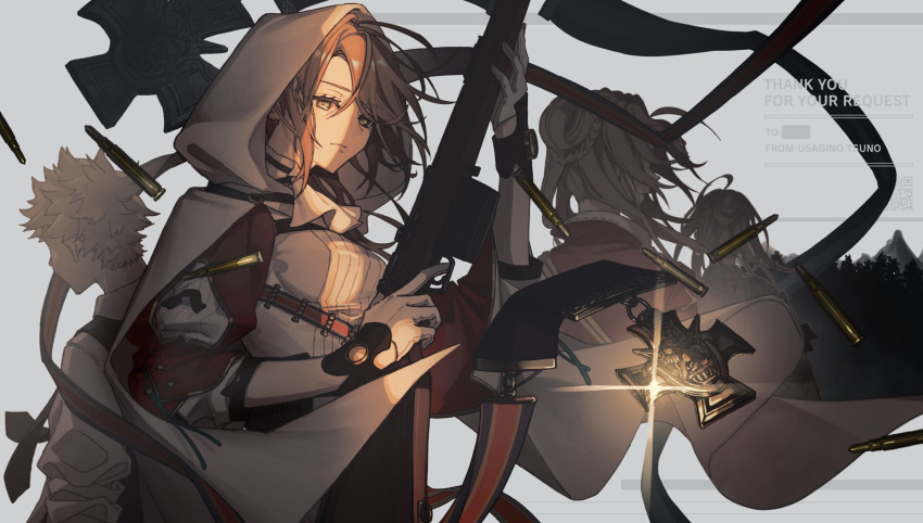 1boy 1girl bolt_action brown_hair cape cloak expressionless floating_hair girls'_frontline gloves green_eyes gun highres holding holding_gun holding_weapon hood hooded_cloak lee-enfield lee-enfield_(girls'_frontline) lee-enfield_(mod3)_(girls'_frontline) looking_at_viewer medal qr_code rabb_horn rifle rifle_cartridge upper_body weapon white_cape white_cloak white_gloves