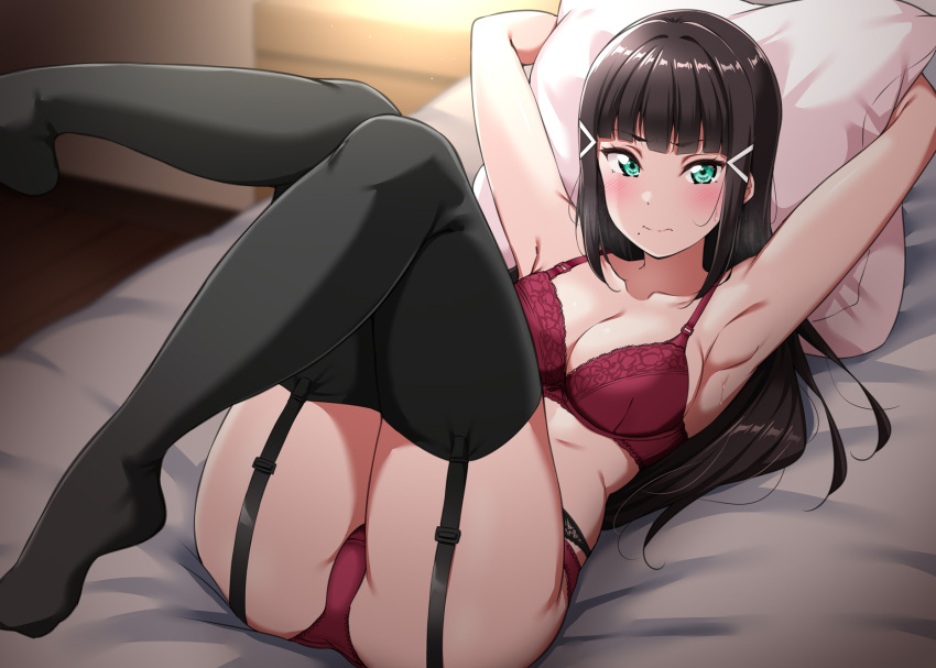 1girl aqua_eyes armpits black_garter_belt black_hair black_thighhighs blunt_bangs blush bra breasts closed_mouth commentary_request embarrassed garter_belt head_on_pillow highres indoors kurosawa_dia legs_up long_hair looking_at_viewer love_live! love_live!_sunshine!! lying medium_breasts mole mole_under_mouth on_back on_bed panties red_bra red_panties solo thighhighs underwear underwear_only yopparai_oni