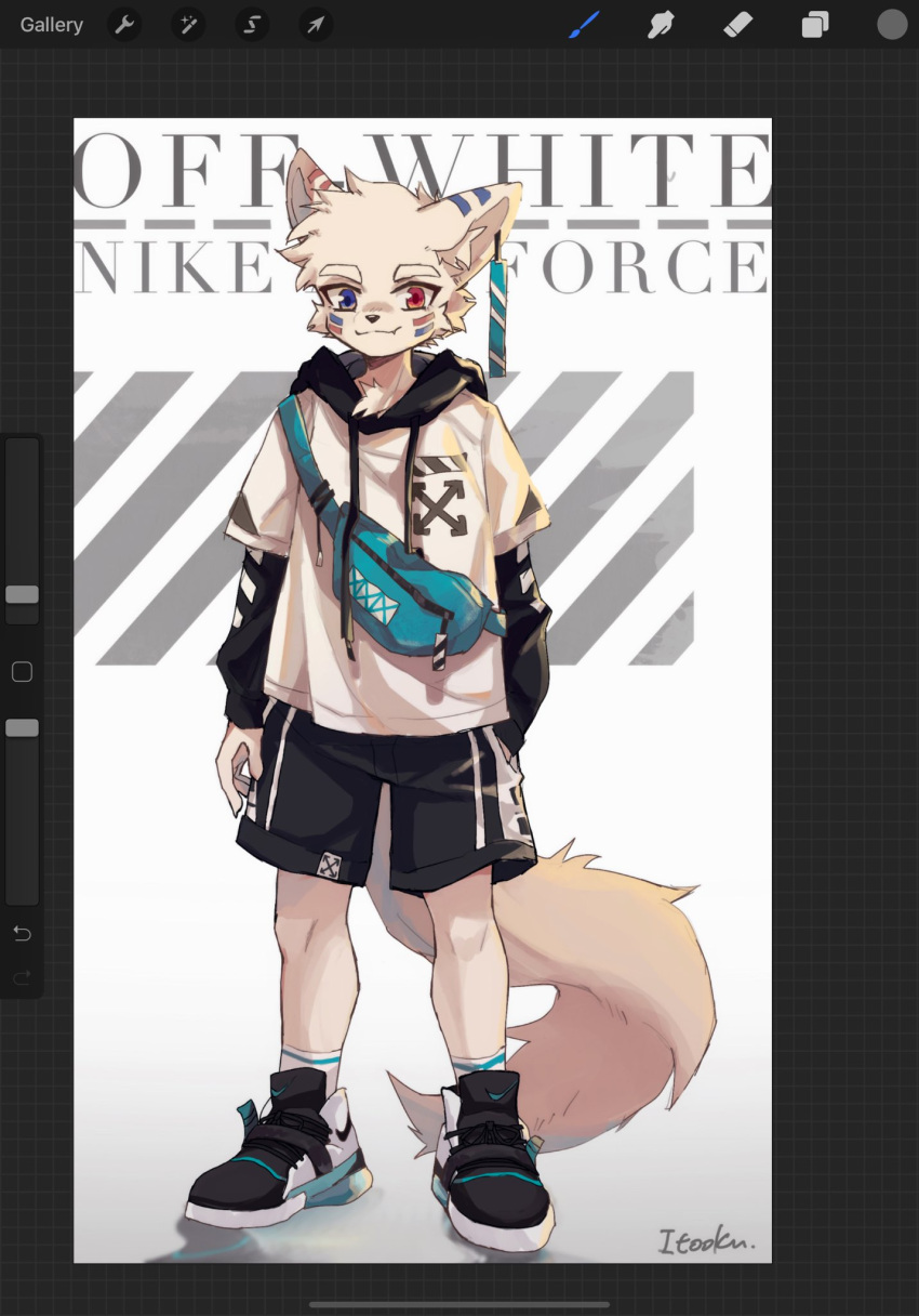 1boy art_program_in_frame bag black_footwear black_hood black_shorts blue_eyes cover facial_mark fake_magazine_cover furry furry_male highres itooku looking_at_viewer magazine_cover original red_eyes shirt shoes shorts shoulder_bag standing two-tone_eyes white_fur white_shirt wolf_boy