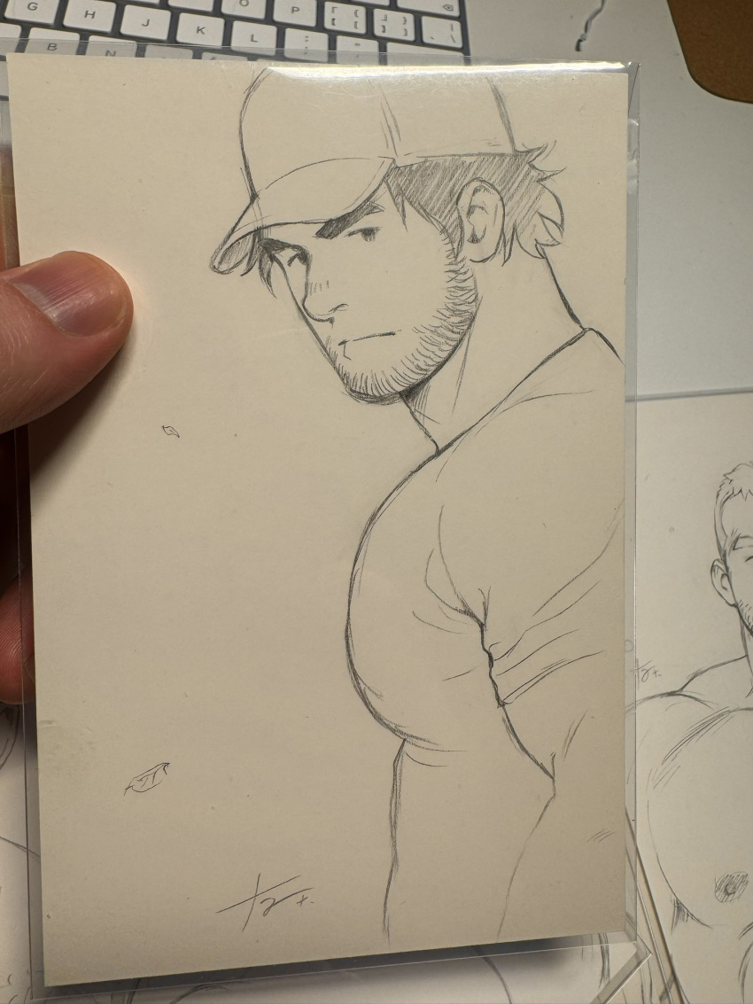 1boy artist's_hand_in_frame asgar_(youtian) bara beard_stubble expressionless graphite_(medium) highres huge_eyebrows ji_peng_gou_you large_pectorals looking_to_the_side male_focus mature_male muscular muscular_male mustache_stubble pectorals photo_(medium) shikishi shirt short_hair solo t-shirt traditional_media upper_body youtian_(youtiange)