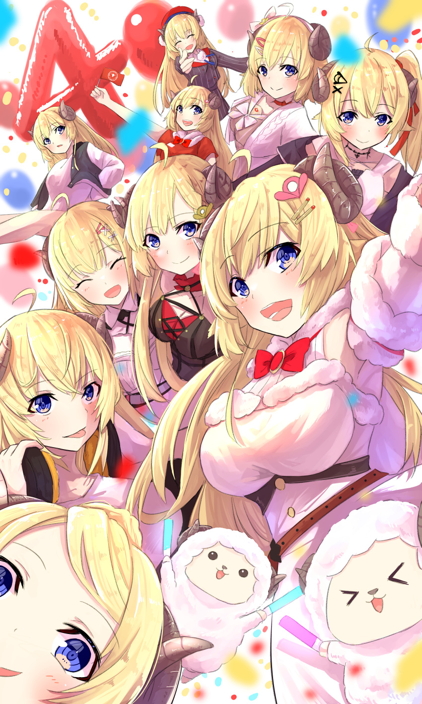 1girl absurdres ahoge animal_ears anniversary beret black_choker black_dress black_jacket blonde_hair choker cosplay cropped_jacket dress fur-trimmed_dress fur_trim hair_ornament hairpin hand_in_pocket hat headband headphones headphones_around_neck highres hololive horns jacket looking_at_viewer nanakusa_ayame official_alternate_costume open_mouth purple_eyes red_choker red_headband sheep_ears sheep_girl sheep_horns shigure_ui_(1st_costume)_(vtuber) shigure_ui_(vtuber) shigure_ui_(vtuber)_(cosplay) smile solo tongue tongue_out tsunomaki_watame tsunomaki_watame_(1st_costume) tsunomaki_watame_(1st_solo_live) tsunomaki_watame_(amazing_swing) tsunomaki_watame_(watame_night_fever!!) virtual_youtuber watamate white_dress