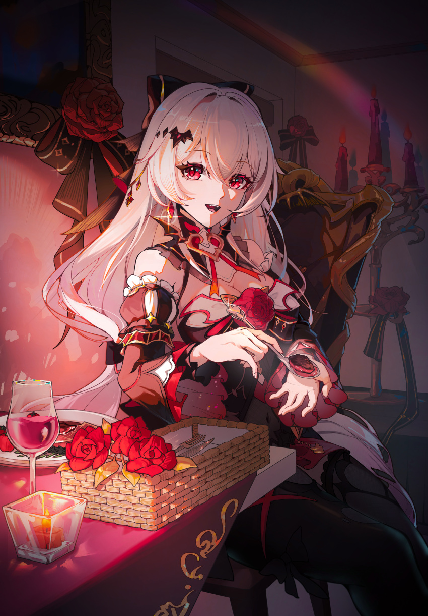 1girl absurdres alcohol bare_shoulders bat_hair_ornament black_dress black_thighhighs bottle bow breasts candle candlestand chair chinese_commentary cleavage commentary_request cup detached_sleeves dress drinking_glass earrings flower food fork hair_between_eyes hair_bow hair_ornament highres holding honkai_(series) honkai_impact_3rd indoors jewelry large_breasts long_hair long_sleeves looking_at_viewer luna_(honkai_impact) open_mouth qing_shi_mang_xue_(user_faem7575) red_eyes red_flower red_rose rose sitting smile solo table theresa_apocalypse theresa_apocalypse_(luna_kindred) theresa_apocalypse_(lunar_vow:_crimson_love) thighhighs vampire white_hair wine wine_bottle wine_glass