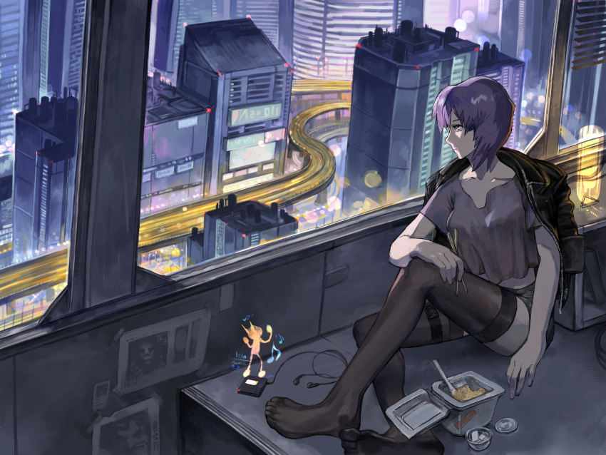 1girl absurdres belt black_belt black_jacket black_thighhighs breasts building chopsticks closed_mouth collarbone crop_top crop_top_overhang cropped_shirt cyberpunk earbuds earphones ghost_in_the_shell grey_shirt grey_shorts highres holding holding_chopsticks jacket jacket_on_shoulders kusanagi_motoko leather leather_jacket leg_belt level-00 medium_breasts no_shoes purple_hair red_eyes road shirt short_hair short_sleeves shorts sitting skyscraper solo thighhighs