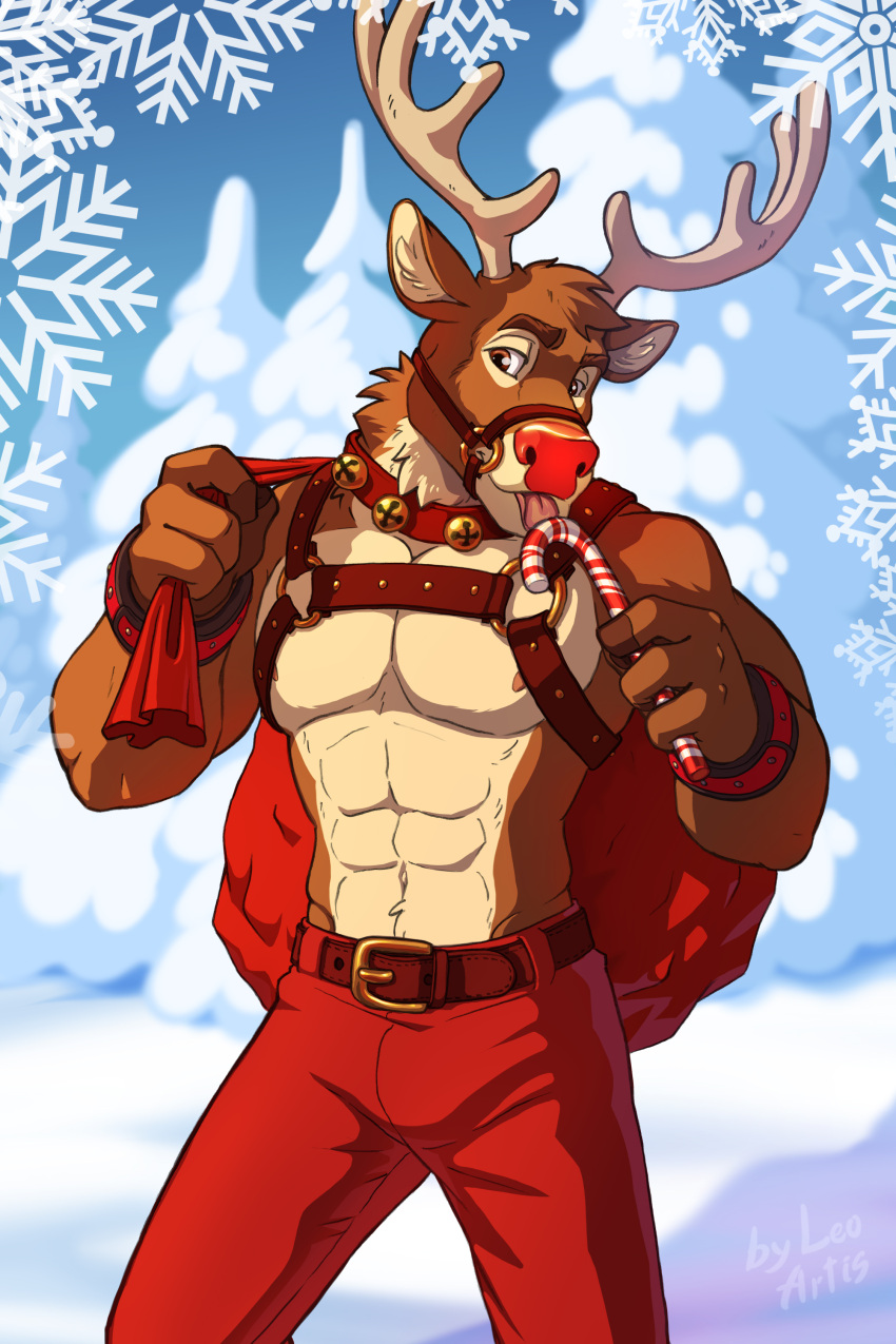 2024 2:3 abs absurd_res anthro antlers bag bell belt big_muscles bottomwear bracelet candy candy_cane christmas clothed clothing collar day deer dessert eyebrows food fur harness hi_res holding_object holidays horn jewelry leo-artis licking male mammal muscular muscular_anthro muscular_male muzzle_(object) muzzled navel new_world_deer nipples outside pants pecs plant reindeer rudolph_the_red-nosed_reindeer smile snow snowflake snowing solo tongue tongue_out topless topless_anthro topless_male tree tuft