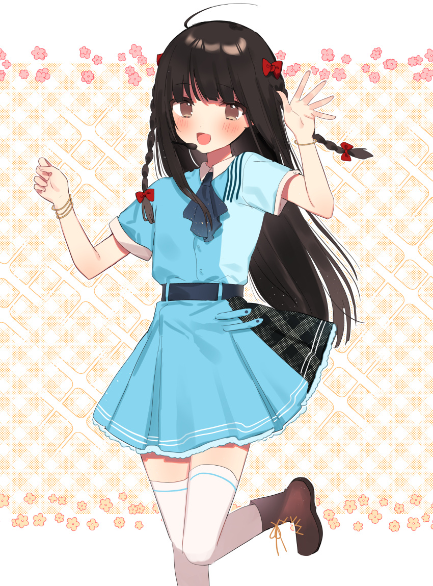 1girl absurdres ascot belt blue_ascot blue_belt blue_dress blush bow bracelet braid brown_eyes brown_footwear brown_hair commentary_request dress earpiece floating_hair hair_bow highres jewelry kitanai_kimi_ga_ichiban_kawaii long_hair manio no_pupils open_mouth pleated_dress red_bow sezaki_airi short_sleeves side_braids solo sparkle standing standing_on_one_leg thighhighs very_long_hair waving white_thighhighs zettai_ryouiki