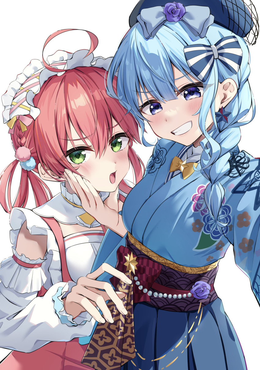 2girls ahoge beret blue_bow blue_eyes blue_hair blue_headwear blue_kimono blue_skirt blush bow bowtie braid detached_sleeves earrings floral_print frilled_hairband frilled_sleeves frills green_eyes hair_bow hair_ornament hair_rings hairband hakama hakama_skirt hand_on_another's_cheek hand_on_another's_face hat highres hololive hoshimachi_suisei hoshimachi_suisei_(new_year) japanese_clothes jewelry kimono lolita_hairband long_hair looking_at_viewer multiple_girls muyamii obi open_mouth pom_pom_(clothes) pom_pom_hair_ornament red_hair sakura_miko sakura_miko_(new_year) sash selfie skirt sleeveless sleeveless_kimono smile star_(symbol) star_earrings star_in_eye striped striped_bow symbol_in_eye twintails upper_body v-shaped_eyebrows virtual_youtuber white_background white_kimono white_sleeves yellow_bow yellow_bowtie