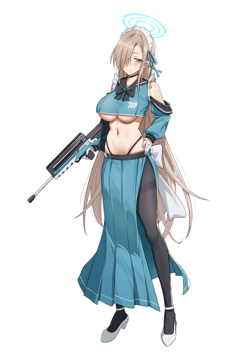 1girl absurdres alternate_costume assault_rifle asuna_(blue_archive) asymmetrical_bangs blue_archive blue_halo breasts bullpup crop_top detached_sleeves famas full_body gun hair_over_one_eye halo hand_on_own_hip highleg highleg_panties highres holding holding_gun holding_weapon light_brown_hair long_hair long_skirt maid_headdress midriff navel number_tattoo panties pantyhose pleated_skirt rifle shoulder_tattoo side_slit skirt standing tachi-e tattoo thighband_pantyhose underboob underwear weapon white_background whitek