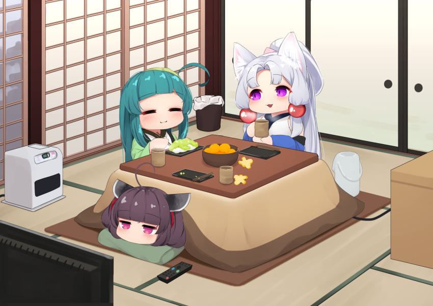 3girls :3 =_= ahoge animal_ears blush chibi closed_eyes closed_mouth commentary_request controller cup curtained_hair cushion food fox_ears fruit fusuma green_hair green_hairband grey_hair hairband headgear highres holding holding_cup indoors jitome kotatsu lying mandarin_orange multiple_girls ne_an_ito no_mouth on_stomach open_mouth orange_peel pink_eyes remote_control rice_cooker shouji siblings sisters sliding_doors smile table tatami touhoku_itako touhoku_kiritan touhoku_zunko trash_can twintails under_kotatsu under_table voiceroid watching_television yunomi zabuton zunda_mochi