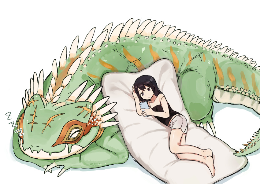 1girl aaa_(unkounkounko712) barefoot highres lizard looking_at_phone lying mattress on_side original phone short_shorts shorts simple_background sleeping white_background