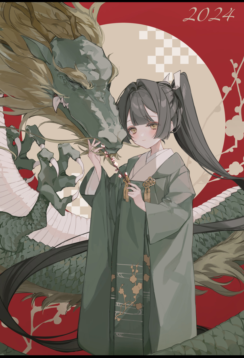 1girl 2024 absurdres black_hair chinese_clothes chinese_zodiac closed_mouth dragon eastern_dragon green_robe hanfu high_ponytail highres kyuumura light_blush light_smile long_hair long_sleeves new_year original ponytail robe solo twig wide_sleeves year_of_the_dragon yellow_eyes