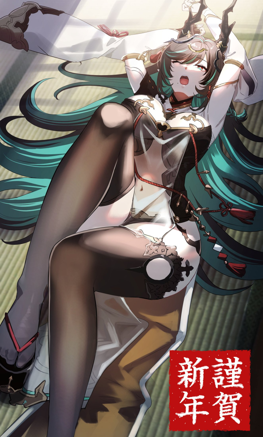 1girl arms_behind_head black_hair black_thighhighs breast_cutout breasts cleavage cleavage_cutout clothing_cutout colored_inner_hair detached_sleeves dragon_girl dragon_horns draph dress fingerless_gloves gloves gradient_hair granblue_fantasy green_eyes green_hair hair_ornament highres horn_ornament horns itoyoshi_ryouichi large_breasts leotard long_hair lying mole mole_under_mouth multicolored_eyes multicolored_hair navel navel_cutout okobo on_back on_floor payila_(granblue_fantasy) pelvic_curtain platform_footwear pointy_ears red_eyes sandals see-through see-through_dress solo stomach_cutout tassel tassel_hair_ornament thick_thighs thighhighs thighs two-tone_eyes two-tone_hair very_long_hair wide_hips