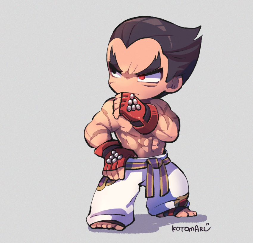 1boy abs belt black_eyes black_hair closed_mouth full_body gloves grey_background heterochromia kotorai looking_to_the_side male_focus martial_arts_belt mishima_kazuya muscular muscular_male navel pants pectorals purple_belt red_eyes red_gloves scar scar_on_arm scar_on_cheek scar_on_chest scar_on_face short_hair signature simple_background solo standing studded_gloves tekken thick_eyebrows thumb_in_beltline topless_male v-shaped_eyebrows white_pants