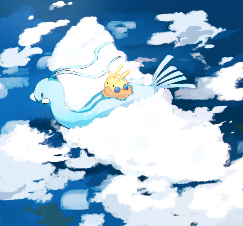 altaria alternate_color animal_focus artist_name bird bird_tail blue_eyes blue_skin cloud colored_skin goomy highres no_humans pokemon pokemon_(creature) shiny_pokemon slug solid_oval_eyes su_(sajo_su5) tail twitter_username wings