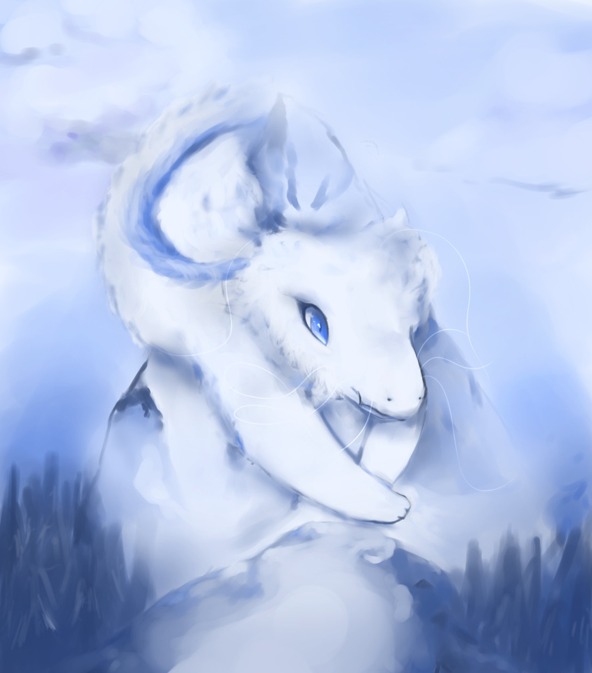absurd_res ambiguous_gender blue_eyes blue_sclera blurred_background dragon feral fur furred_dragon hi_res markings_(fur) mountain paws snoiifoxxo solo whiskers white_body white_fur