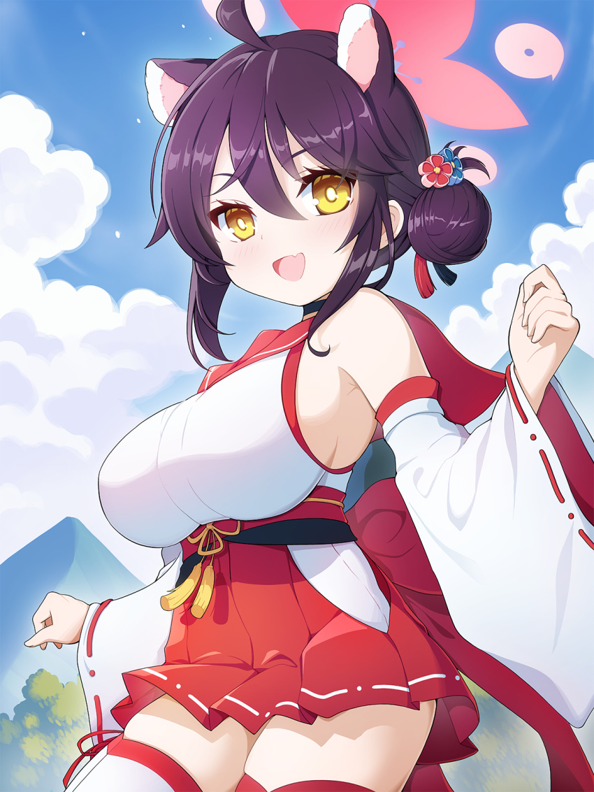 1girl bare_shoulders blue_archive breasts cloud cloudy_sky commentary_request cowboy_shot day detached_sleeves fang hair_bun hakama hakama_skirt halo highres japanese_clothes kaede_(blue_archive) koflif large_breasts open_mouth outdoors pink_halo purple_eyes red_hakama ribbon-trimmed_sleeves ribbon_trim short_hair sideboob single_side_bun skin_fang skirt sky smile solo thighhighs white_sleeves white_thighhighs wide_sleeves yellow_eyes