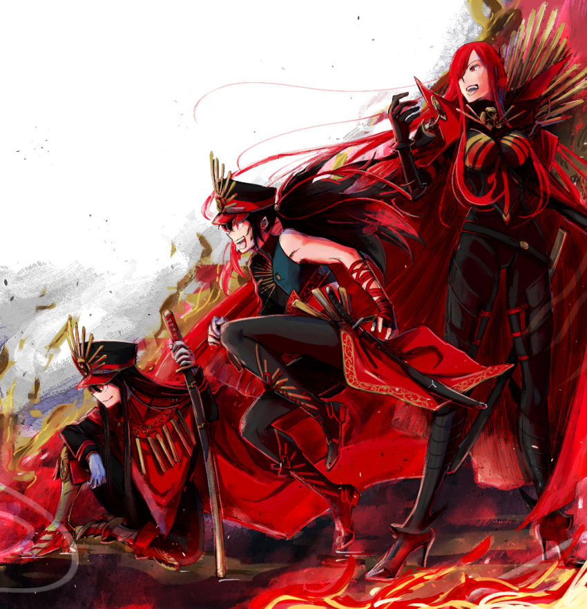 1other 2girls armored_boots asymmetrical_clothes black_bodysuit bodysuit boots cape chain collared_cape family_crest fate/grand_order fate_(series) fire hair_over_one_eye hat high_heels katana medallion military_hat multiple_girls multiple_persona oda_kippoushi_(fate) oda_nobunaga_(fate) oda_nobunaga_(maou_avenger)_(fate) oda_uri peaked_cap popped_collar raikou_(symposion) red_cape red_eyes red_hair single_sleeve sitting standing sword tight_top weapon