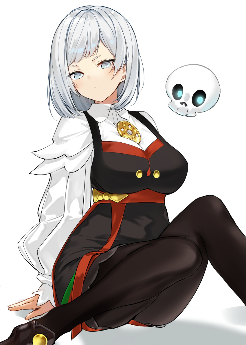 1girl absurdres akershus_fortress_(oshiro_project) black_dress black_footwear black_pantyhose blue_eyes breasts closed_mouth collared_shirt dress expressionless floating_skull fukuda935 grey_hair highres large_breasts long_sleeves looking_at_viewer oshiro_project:re pantyhose puffy_long_sleeves puffy_sleeves shirt short_hair simple_background sitting skull sleeveless sleeveless_dress solo thighs white_background white_shirt