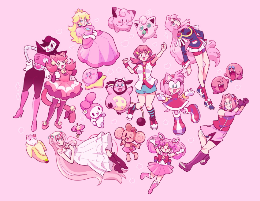 1boy 1other 6+girls absurdres ahoge amy_rose banana bananya bell bishoujo_senshi_sailor_moon black_eyes blonde_hair blue_brooch blue_eyes blush blush_stickers boo_(mario) bright_pupils brooch cat chibi_usa circle_formation clefairy clenched_hands closed_mouth crown dress earrings eyelashes fangs feet flower flower_wreath food fruit furry furry_female hair_bell hair_ornament hand_on_own_face haruno_sakura heart hedgehog_ears hedgehog_girl hedgehog_tail highres holding holding_clothes holding_dress holding_microphone honey_(katamari_damacy) jewelry jigglypuff katamari_damacy kirby kirby_(series) kneehighs kuromi leaning_back limited_palette long_hair loveycloud mad_mew_mew mario_(series) meemee_(super_monkey_ball) mettaton_ex microphone miltank multiple_girls naruto_(series) onegai_my_melody open_mouth outstretched_arms pink_background pink_dress pink_fur pink_hair pokemon pokemon_gsc princess_peach red_eyes red_footwear ribbon robot sailor_chibi_moon sanrio shirt shoes short_sleeves shorts simple_background sleeveless socks sonic_(series) sparkle spread_arms standing standing_on_one_leg star_(symbol) super_mario_sunshine super_monkey_ball super_sailor_chibi_moon tail toes tongue tongue_out undertale warp_star white_dress white_pupils whitney_(pokemon)