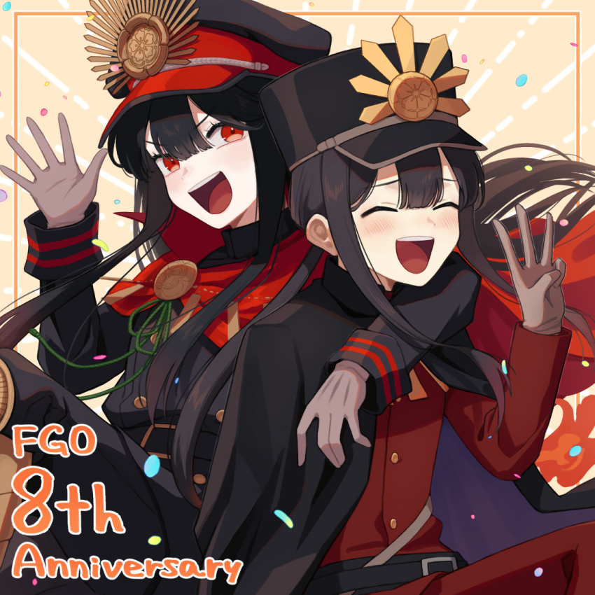 1boy 1girl belt black_cape black_hair border brother_and_sister cape closed_eyes family_crest fate/grand_order fate_(series) fiery_hair gloves hat long_sleeves looking_at_viewer medallion military_hat oda_nobukatsu_(fate) oda_nobunaga_(fate) oda_uri open_hand open_mouth orange_border otoko_no_ko peaked_cap red_cape red_eyes shako_cap siblings teeth upper_teeth_only yellow_background yzrh0