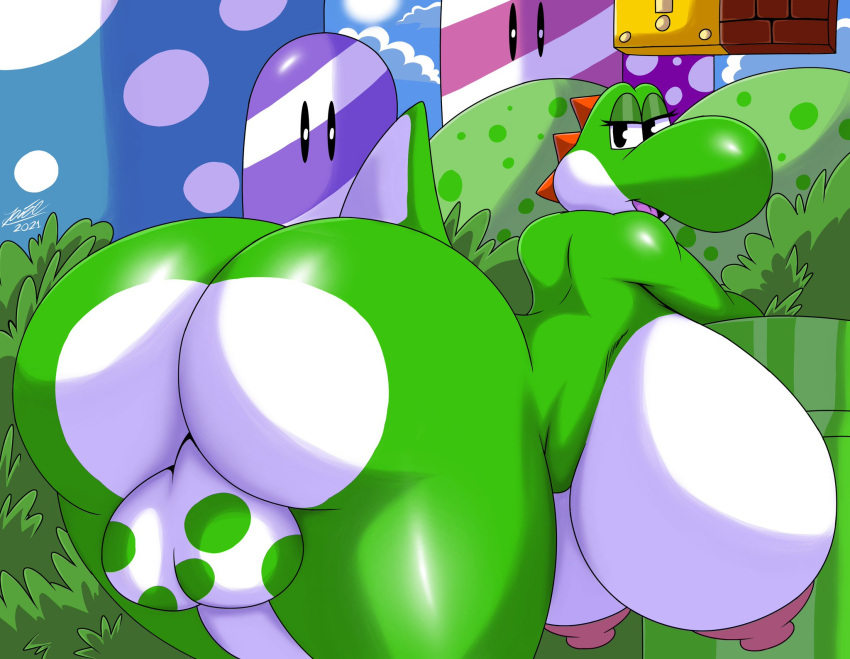 anthro areola balls big_breasts big_butt breasts butt dinosaur fur genitals green_body green_yoshi gynomorph hi_res huge_breasts intersex itisjoidok looking_at_viewer looking_back mario_bros multicolored_body multicolored_fur nintendo nipples non-mammal_breasts nude outside penis pipe presenting presenting_hindquarters rear_view reptile scalie solo video_games white_body wide_hips yoshi