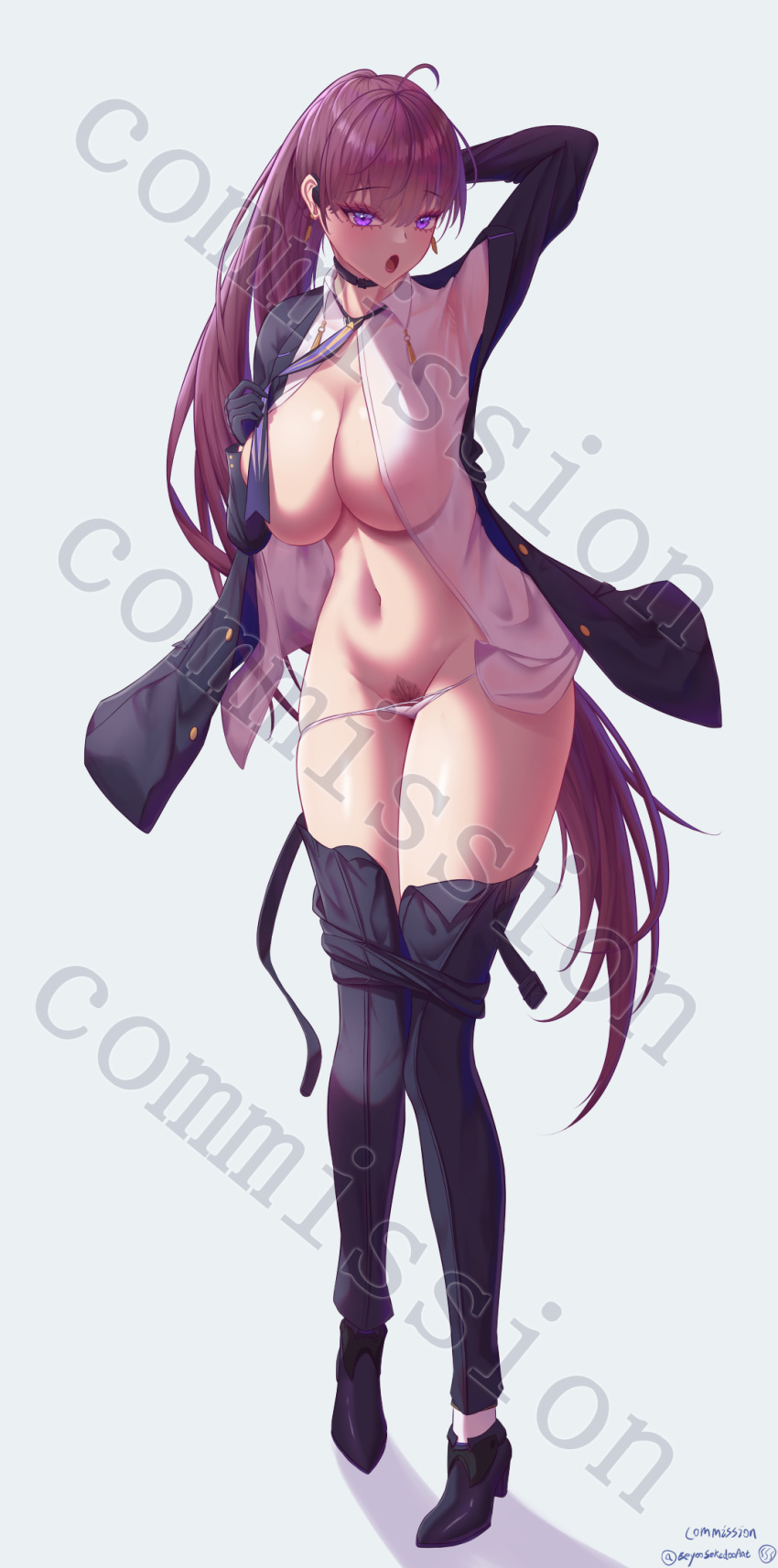 1girl arm_behind_head black_pants black_suit breasts commission dolla_(nikke) earpiece earrings eeyoosekedooaat female_pubic_hair full_body goddess_of_victory:_nikke highres jewelry large_breasts long_hair navel necktie open_clothes open_mouth open_shirt panties pants ponytail pubic_hair purple_eyes purple_hair purple_necktie shirt solo suit underwear undressing watermark white_panties white_shirt