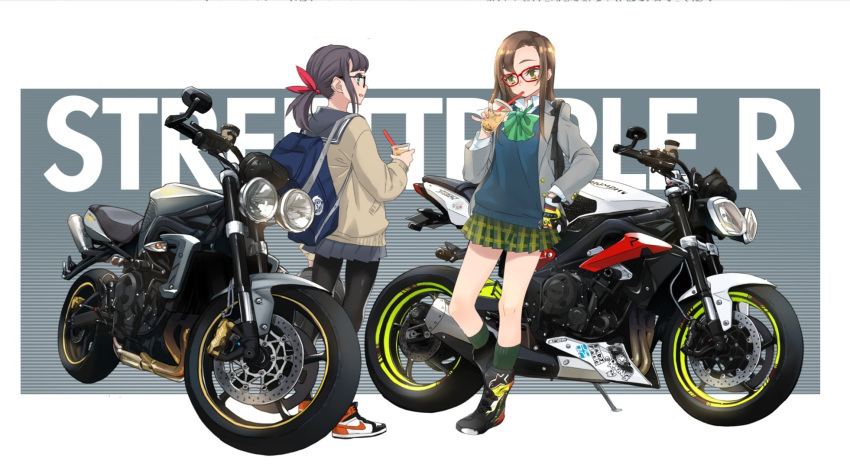 2girls aqua_eyes backpack bag black_hair black_pantyhose bow bowtie brown_hair cardigan commentary_request drink full_body glasses gloves green_bow green_bowtie highres jacket long_hair looking_at_another miniskirt motor_vehicle motorcycle multiple_girls open_clothes open_jacket original pantyhose ponytail red-framed_eyewear sasetsu school_uniform shoes skirt sneakers vehicle_request yellow_eyes