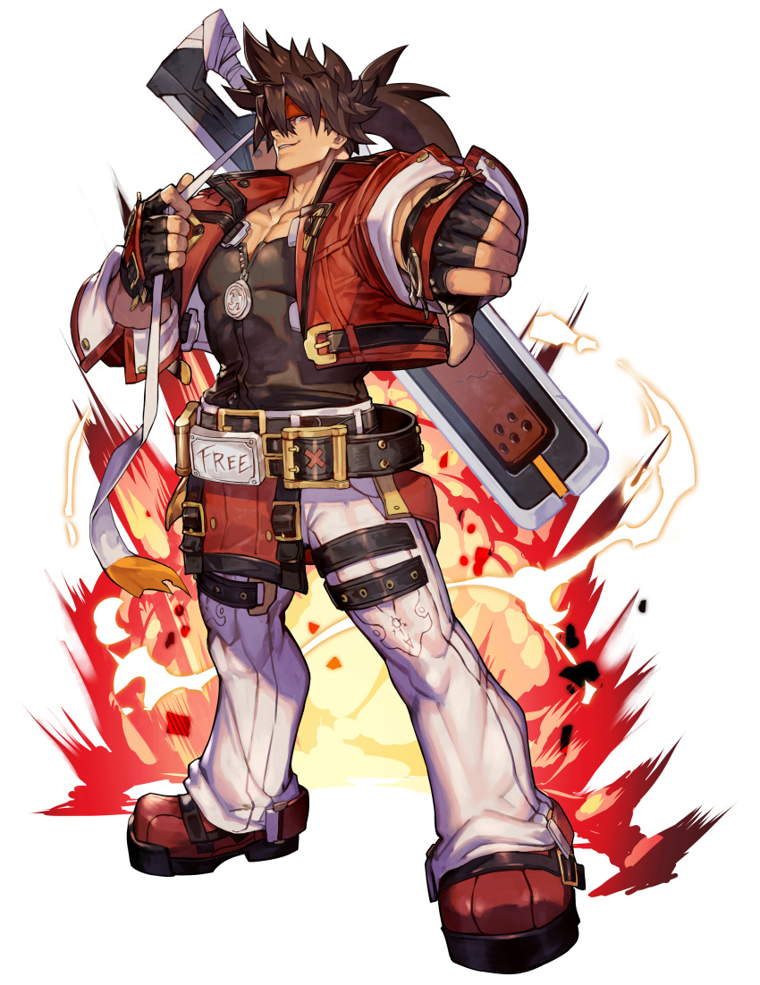 1boy absurdres belt black_shirt brown_hair explosion fingerless_gloves gloves guilty_gear guilty_gear_strive headband highres hungry_clicker jacket looking_at_viewer male_focus muscular muscular_male pectoral_cleavage pectorals ponytail red_jacket shirt simple_background sol_badguy solo spiked_hair standing thumbs_down white_background