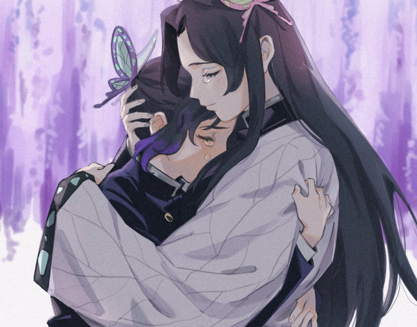 2girls bangs black_hair bug butterfly butterfly_hair_ornament closed_eyes gakuran hair_ornament haori highres hug insect japanese_clothes kimetsu_no_yaiba kochou_kanae kochou_shinobu long_hair multicolored_hair multiple_girls parted_bangs pink_butterfly purple_butterfly purple_hair roru_(lol_dessin) school_uniform short_hair siblings sisters smile streaked_hair tears two-tone_hair wide_sleeves