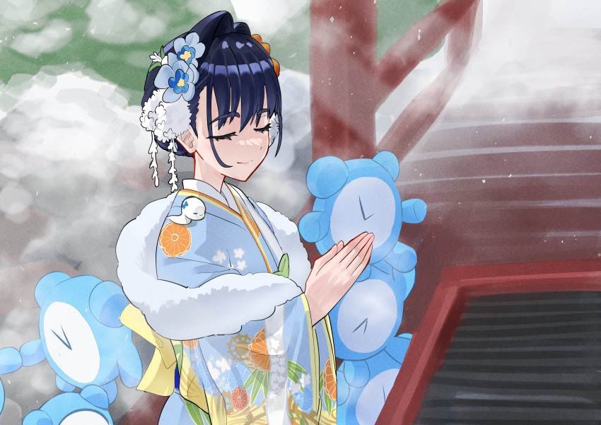 1girl absurdres blue_hair blue_kimono boros_(ouro_kronii) closed_eyes closed_mouth floral_print floral_print_kimono flower fur_trim hair_bun hair_flower hair_intakes hair_ornament hands_up highres hololive hololive_english japanese_clothes kanzashi kimono koizumi_arata kronie_(ouro_kronii) new_year obi official_alternate_costume ouro_kronii ouro_kronii_(new_year) praying print_kimono sash short_hair single_hair_bun snake_print virtual_youtuber wide_sleeves