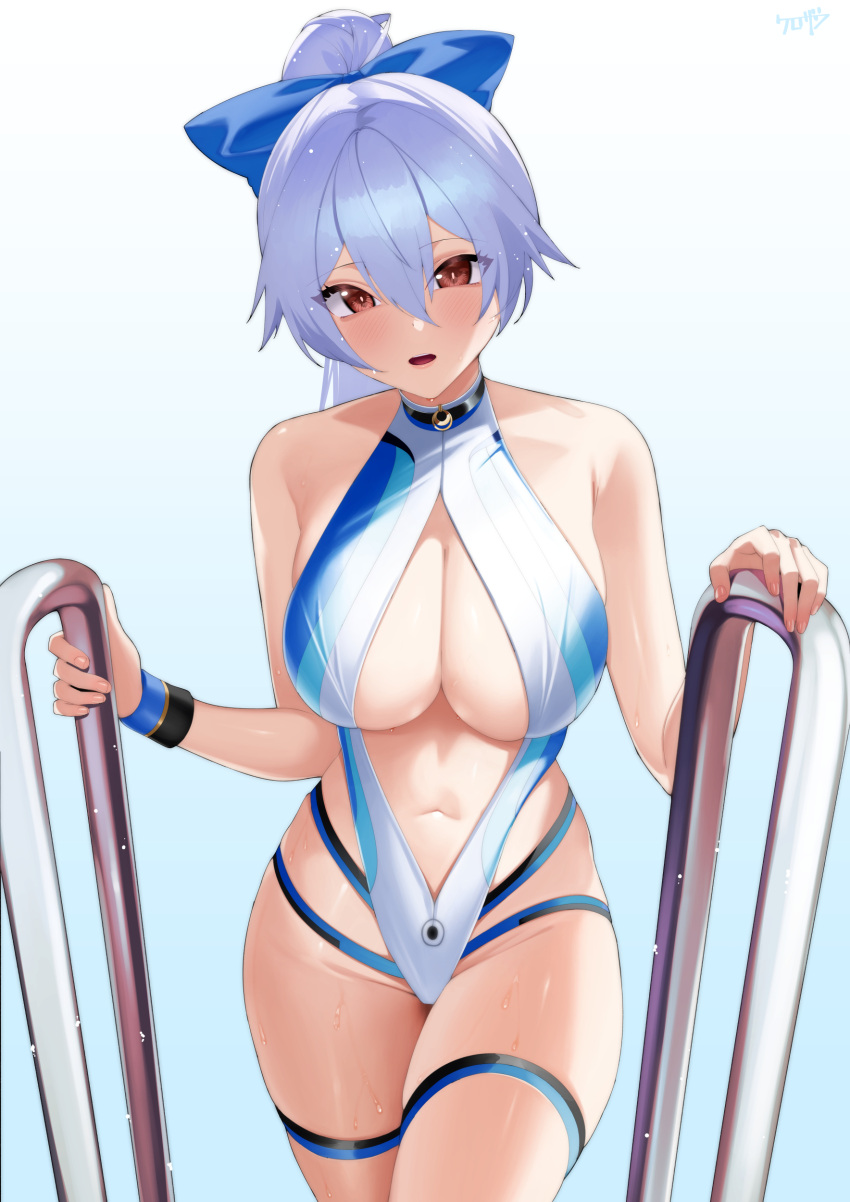 1girl absurdres blue_bow blue_one-piece_swimsuit bow breasts center_opening cleavage fate/grand_order fate_(series) grey_hair hair_between_eyes hair_bow highleg highleg_swimsuit highres kurozawa_yui large_breasts long_bangs long_hair looking_at_viewer navel one-piece_swimsuit open_mouth ponytail pool_ladder red_eyes signature solo swimsuit thigh_strap tomoe_gozen_(fate) tomoe_gozen_(swimsuit_saber)_(fate) turtleneck_swimsuit two-tone_swimsuit wet white_one-piece_swimsuit