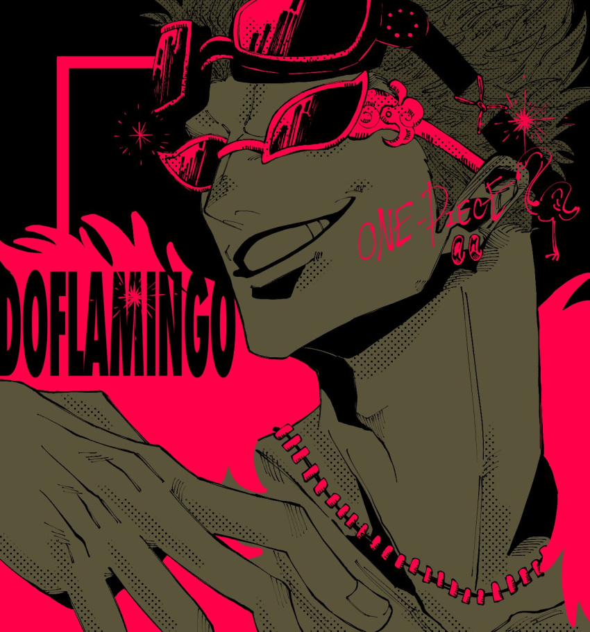 1boy character_name commentary_request donquixote_doflamingo goggles goggles_on_head highres larugo0513 male_focus one_piece short_hair smile solo sunglasses teeth