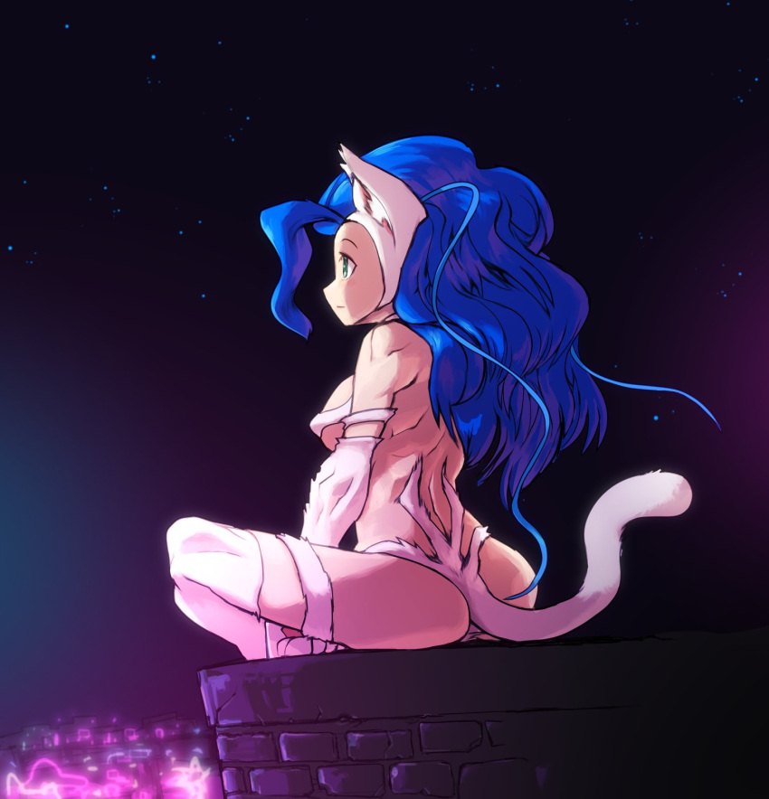 animal_humanoid blue_hair breasts capcom darkstalkers felicia_(darkstalkers) felid felid_humanoid feline feline_humanoid female fur hair hi_res humanoid light_body light_skin long_hair mammal mammal_humanoid nekoninja_core night sitting solo tail white_body white_fur