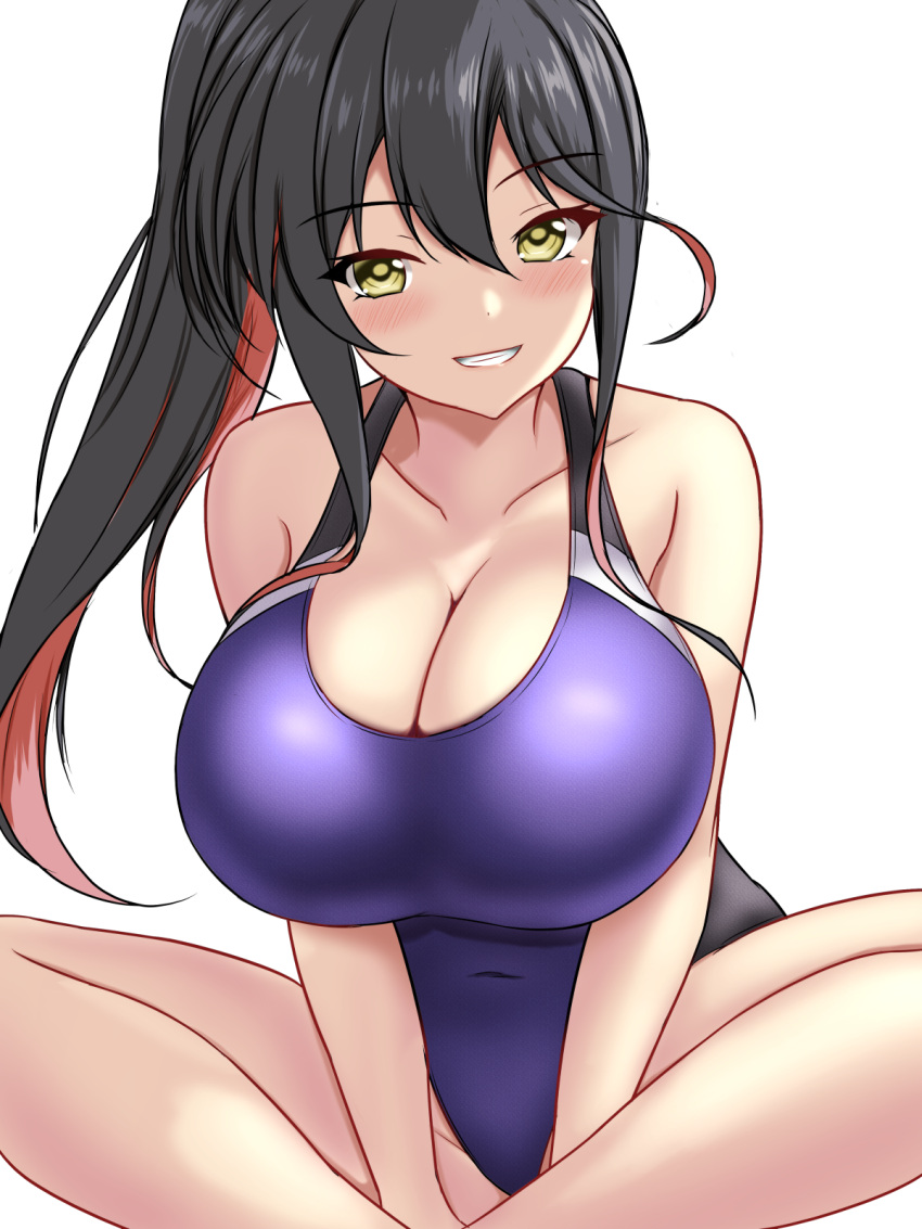 1girl alternate_costume alternate_hairstyle black_hair black_one-piece_swimsuit blush breasts cleavage collarbone competition_swimsuit covered_navel dated highres indian_style kantai_collection large_breasts long_hair looking_at_viewer montemasa multicolored_hair naganami_(kancolle) one-hour_drawing_challenge one-piece_swimsuit pink_hair ponytail purple_one-piece_swimsuit ribbon sitting smile solo swimsuit twitter_username two-tone_hair two-tone_swimsuit yellow_eyes