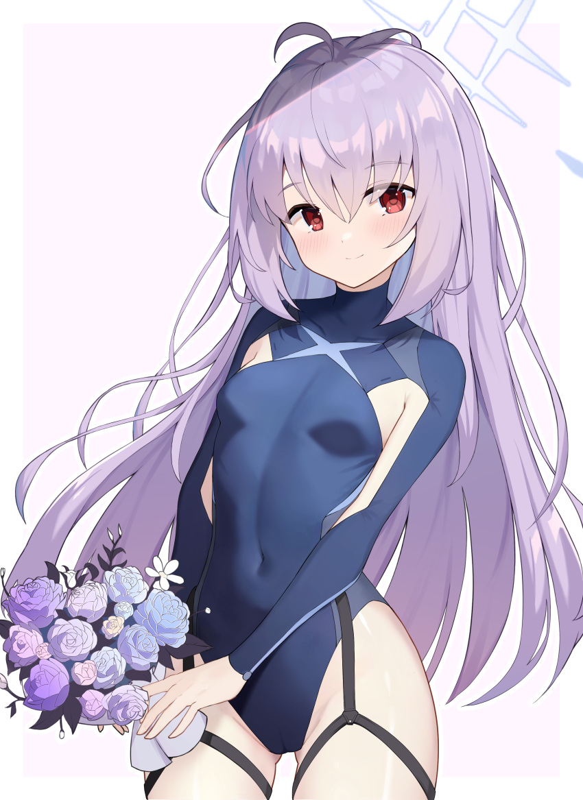 1girl absurdres ahoge atsuko_(blue_archive) blue_archive blue_halo blue_leotard blush border bouquet breasts closed_mouth cowboy_shot flower groin hair_between_eyes halo highres holding holding_bouquet leotard long_hair long_sleeves looking_at_viewer pink_flower pu_ht purple_flower purple_hair red_eyes small_breasts smile solo white_border