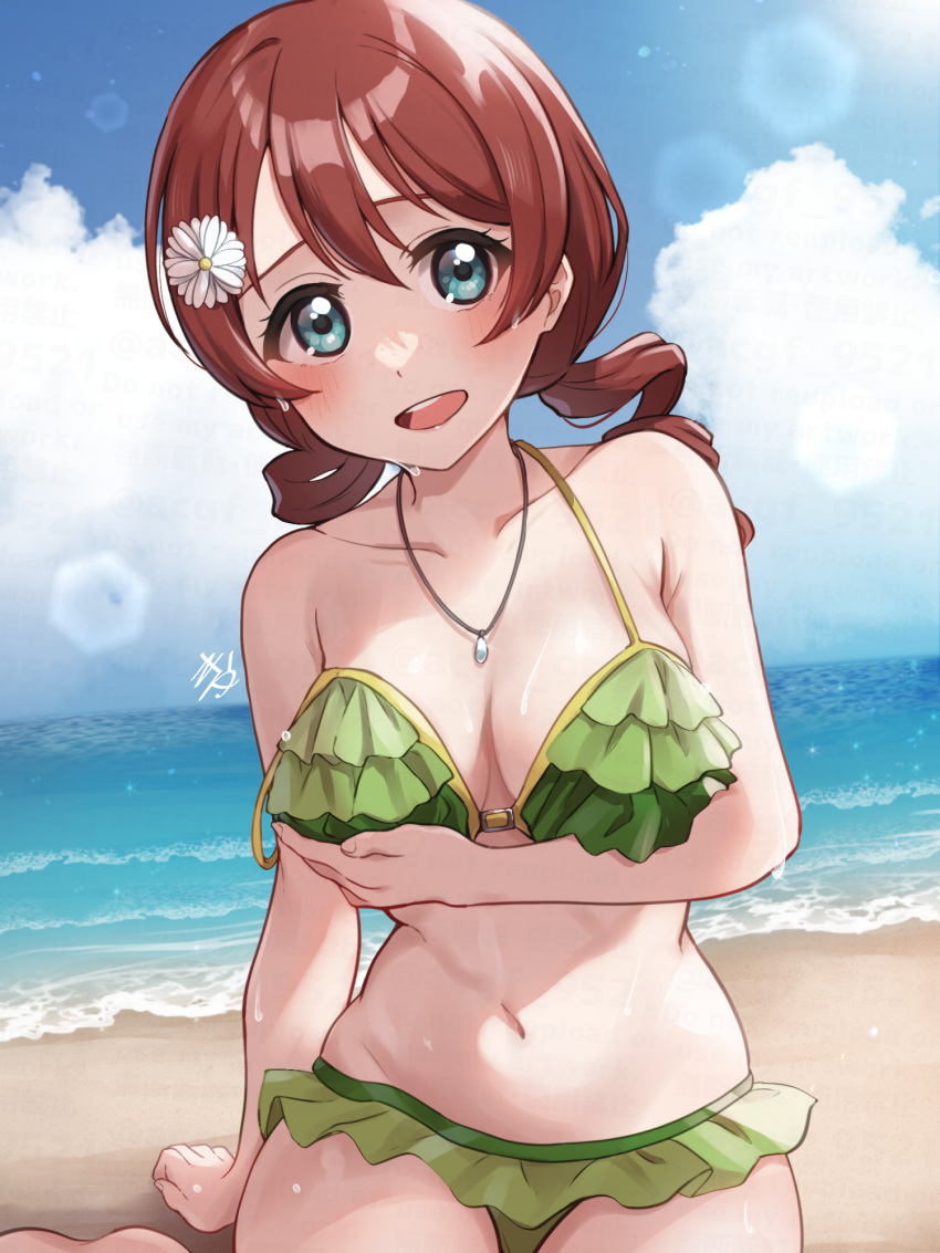 1girl aqua_eyes beach bikini birthday blue_sky blush breast_lift breasts brown_hair cleavage cloud cloudy_sky collarbone commentary drill_hair emma_verde flower freckles green_bikini hair_flower hair_ornament highres jewelry kyaku_tatsu large_breasts looking_at_viewer love_live! love_live!_nijigasaki_high_school_idol_club necklace ocean sky strap_slip swimsuit twin_drills