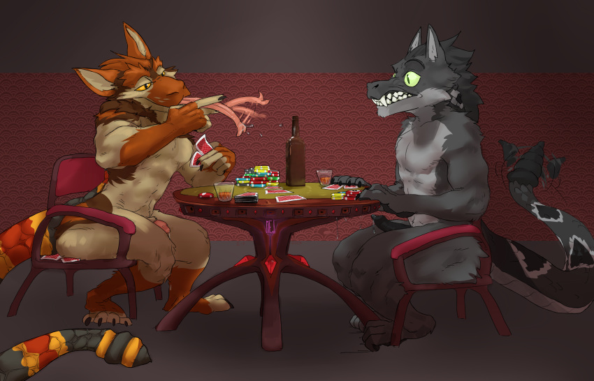 absurd_res anthro bet bethesda_softworks betting_ass canid canine canis card card_game clothing coyote digital_media_(artwork) duo erection fallout fur furniture gaming genitals hair hi_res hybrid krit male male/male mammal night_stalker_(fallout) nude penis pit_viper playing_card poker poker_chip poker_table reptile scalie simple_background smile snake table tail teeth tongue viper