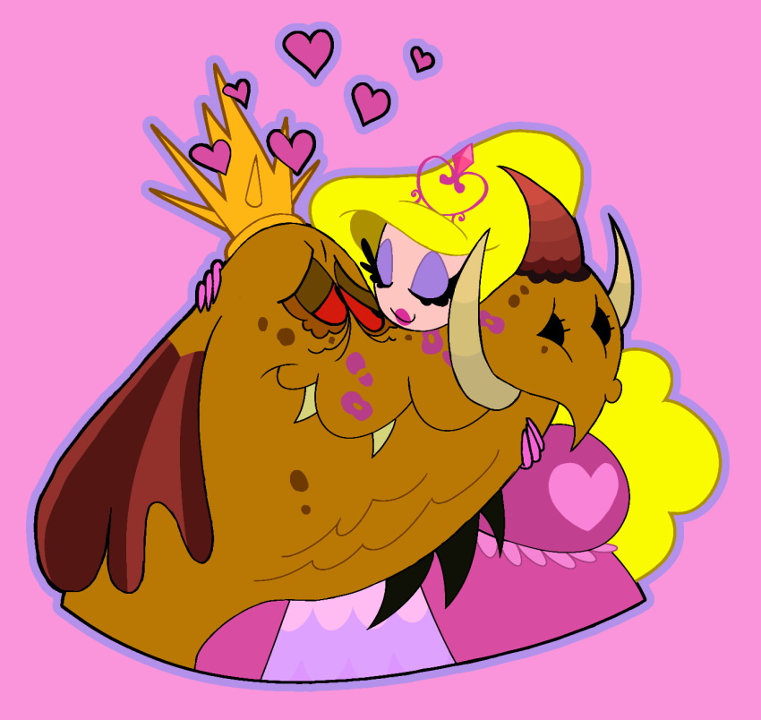 &lt;3 2024 anthro blonde_hair clothing crown digital_drawing_(artwork) digital_media_(artwork) dragon dress duo eyes_closed eyeshadow female gloves hair handwear headgear hi_res human husband_and_wife interspecies king_draykor_(wander_over_yonder) kiss_mark kiss_mark_on_face makeup male male/female mammal married_couple mewnikitty mouth_closed pink_background pink_clothing pink_dress pink_gloves pink_handwear princess_demurra_(wander_over_yonder) purple_eyeshadow red_sclera romantic romantic_couple sharp_teeth simple_background teeth wander_over_yonder yellow_crown