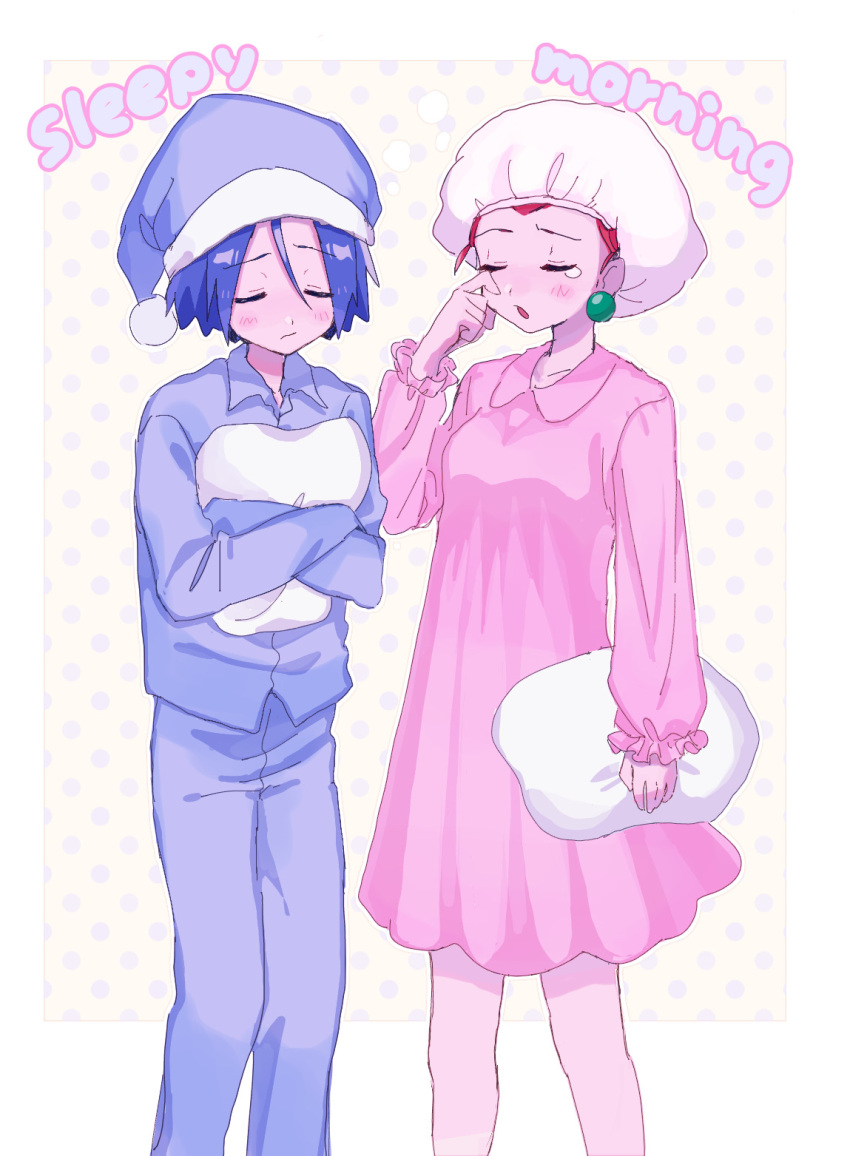 1boy 1girl ameya_(okemu_ame) blue_hair closed_eyes hat highres james_(pokemon) jessie_(pokemon) nightcap nightgown pajamas pillow pokemon pokemon_(anime) sleepy team_rocket