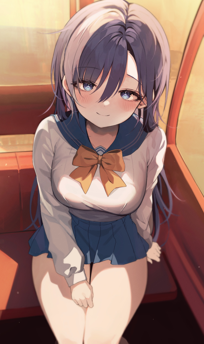 1girl absurdres blue_eyes blue_hair blue_sailor_collar blue_skirt blush bow breasts chimyo closed_mouth commentary_request commission ferris_wheel hair_between_eyes highres korean_commentary long_hair long_sleeves looking_at_viewer medium_breasts multicolored_hair orange_bow original pleated_skirt sailor_collar school_uniform serafuku sitting skirt smile solo two-tone_hair white_serafuku