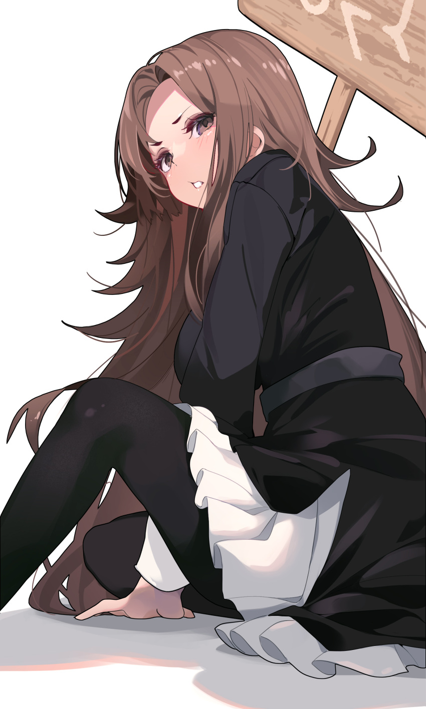 1girl absurdres black_dress black_thighhighs blush breasts brown_eyes brown_hair dress feet_out_of_frame from_side hand_on_floor highres holding holding_sign kage_no_jitsuryokusha_ni_naritakute! knee_up large_breasts long_hair looking_at_viewer looking_to_the_side nu_(kage_no_jitsuryokusha_ni_naritakute!) open_mouth sign simple_background sitting solo teeth thighhighs uniform very_long_hair white_background zelef0302