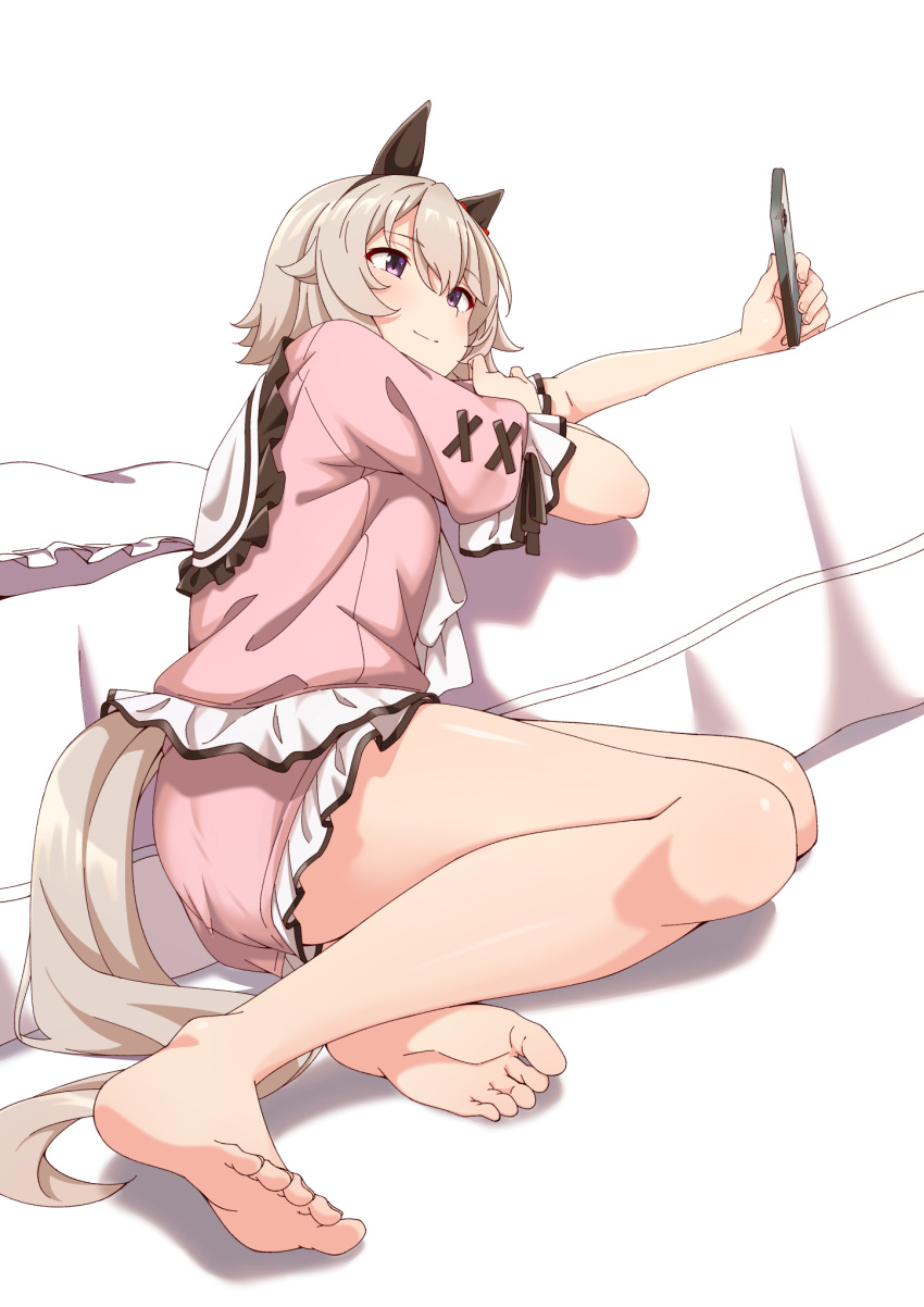 bare_legs barefoot bed blush cellphone closed_mouth commentary_request curren_chan_(umamusume) ear_covers feet frilled_pajamas grey_hair hair_between_eyes highres holding holding_phone legs motsutoko pajamas phone pillow pink_pajamas puffy_short_sleeves puffy_sleeves purple_eyes short_sleeves simple_background sitting smartphone smile soles thighs toenails toes umamusume white_background yokozuwari