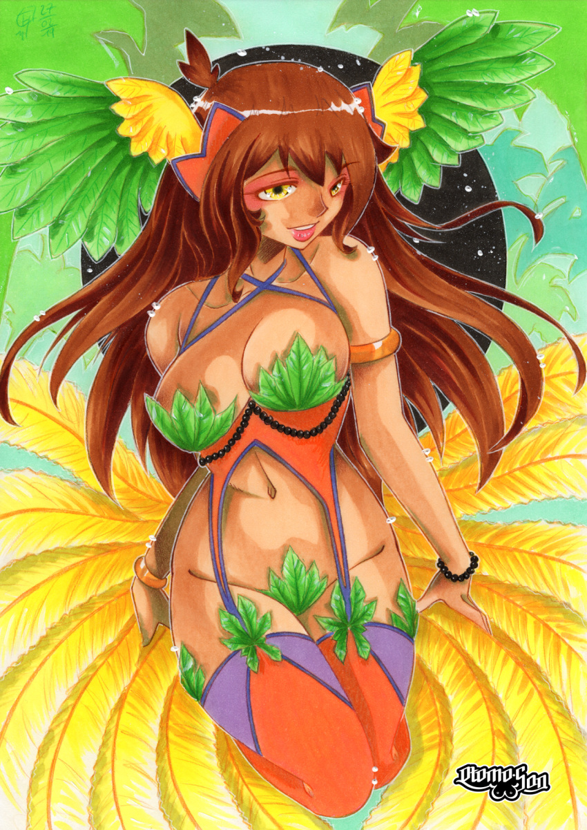 bird breasts brown_hair feathers highres jungle long_hair nature original otomo-san paradise wings yellow_eyes