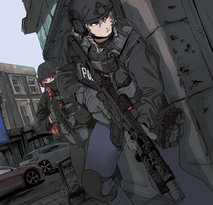 2girls assault_rifle black_jacket black_leggings blue_eyes blue_leggings bow braid bulletproof_vest car city ear_protection embodiment_of_scarlet_devil gloves green_bow grey_gloves gun headset helmet highres holding holding_gun holding_weapon hong_meiling izayoi_sakuya jacket knee_pads leggings load_bearing_vest long_hair looking_to_the_side magazine_(weapon) mask maxturbo69 motor_vehicle mouth_mask multiple_girls optical_sight orange_hair police rifle short_hair suppressor tactical_clothes thigh_pouch touhou trigger_discipline twin_braids walkie-talkie weapon white_hair