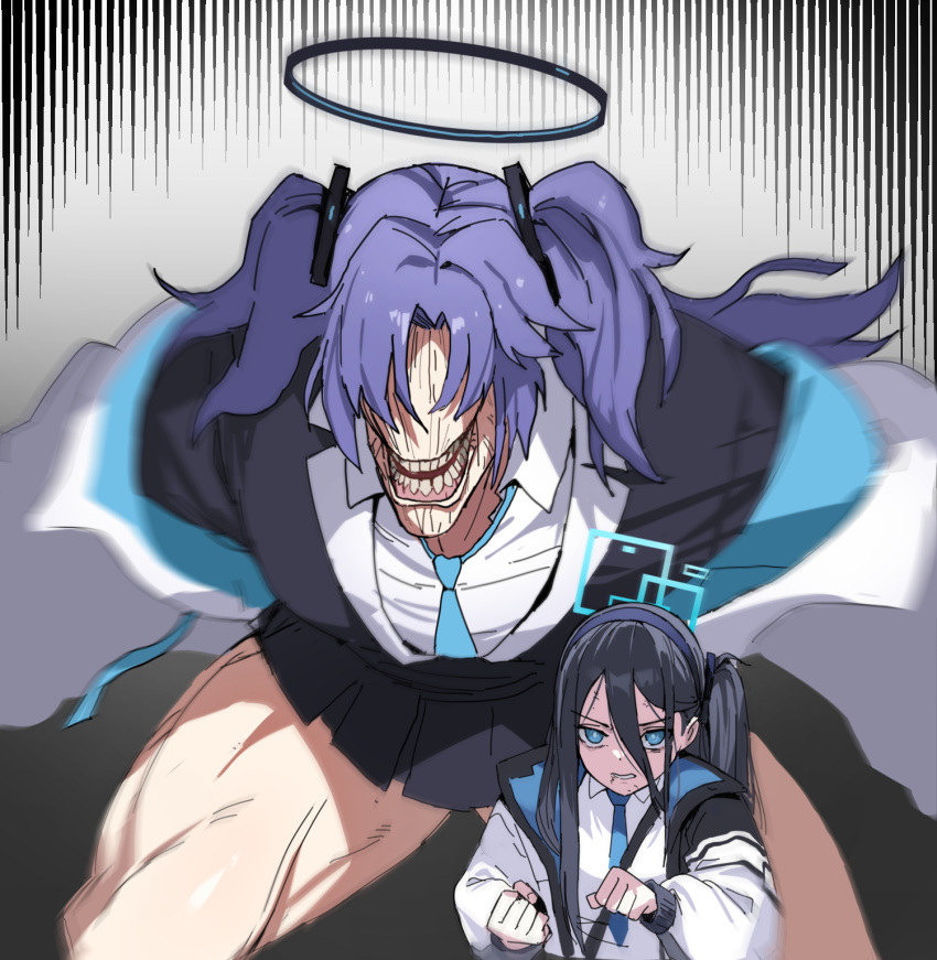 2girls aris_(blue_archive) black_hair black_skirt black_vest blue_archive blue_eyes blue_hair blue_necktie commentary cowboy_shot halo highres jacket jason_kim jujutsu_kaisen long_sleeves looking_at_viewer mechanical_halo multiple_girls necktie open_clothes open_jacket pleated_skirt school_uniform shirt side_ponytail skirt teeth two_side_up vest white_jacket white_shirt yuuka_(blue_archive)