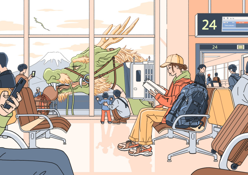 4girls 6+boys against_window backpack bag baseball_cap blue_bag brown_footwear brown_hair brown_pants chair child chinese_zodiac closed_mouth cloud dragon eastern_dragon father_and_son flight_attendant full_body gourd grey_pants hair_bun hand_up hands_up hat highres holding holding_phone hood hood_down hooded_jacket indoors jacket long_sleeves mizukawa_masaya mount_fuji multiple_boys multiple_girls new_year orange_jacket original pants phone reading rolling_suitcase shoes sky smile sneakers suitcase taking_picture travel_attendant white_sky window year_of_the_dragon yellow_headwear yellow_pants