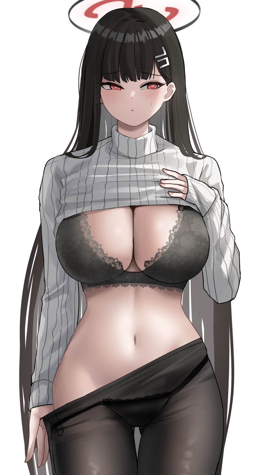 1girl absurdres art_rat black_bra black_hair black_panties black_pantyhose blue_archive blush bra breasts cleavage closed_mouth cowboy_shot hair_ornament hairpin halo highres large_breasts long_hair long_sleeves navel panties panties_under_pantyhose pantyhose red_eyes ribbed_sweater rio_(blue_archive) simple_background solo sweater turtleneck turtleneck_sweater underwear white_background white_sweater