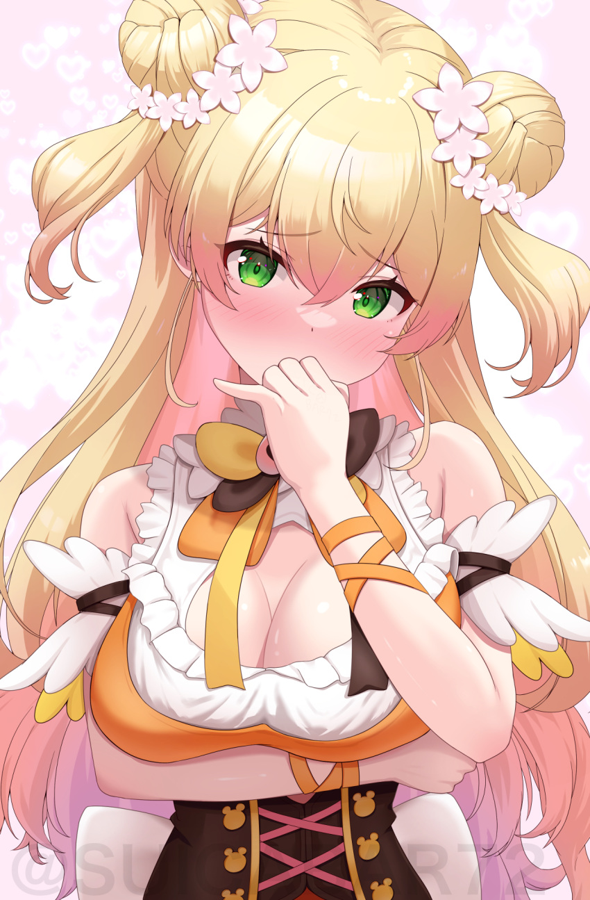 1girl blonde_hair blush breast_hold breasts cleavage cleavage_cutout clothing_cutout covering_own_mouth double_bun flower green_eyes hair_bun hair_flower hair_ornament heart heart_background highres hololive long_hair momosuzu_nene pink_background suicabar72 virtual_youtuber watermark