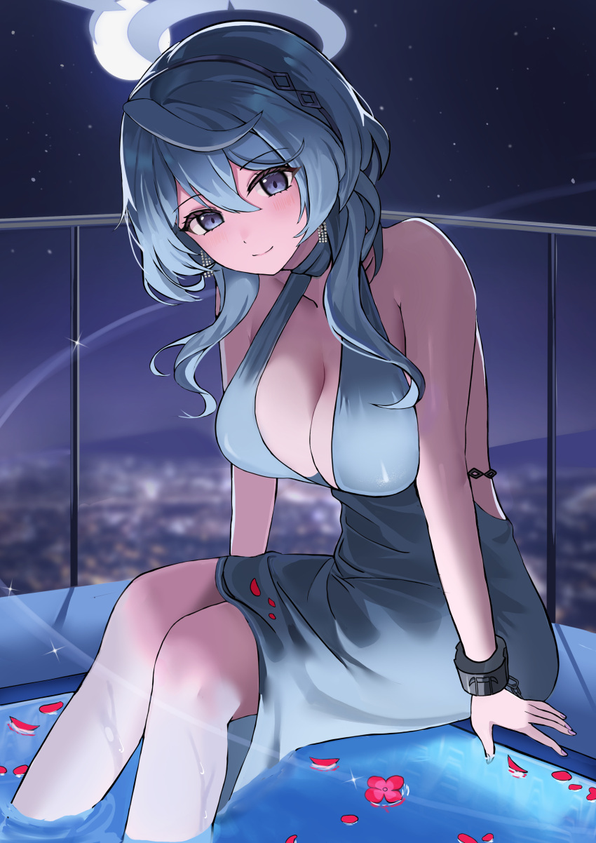 1girl absurdres ako_(blue_archive) ako_(dress)_(blue_archive) black_hairband blue_archive blue_dress blue_eyes blue_hair blue_halo blush breasts cleavage closed_mouth dress earrings feet_out_of_frame hair_between_eyes hairband halo highres jewelry large_breasts lemontea_(ekvr5838) long_hair petals petals_on_liquid sitting sleeveless sleeveless_dress smile soaking_feet solo water